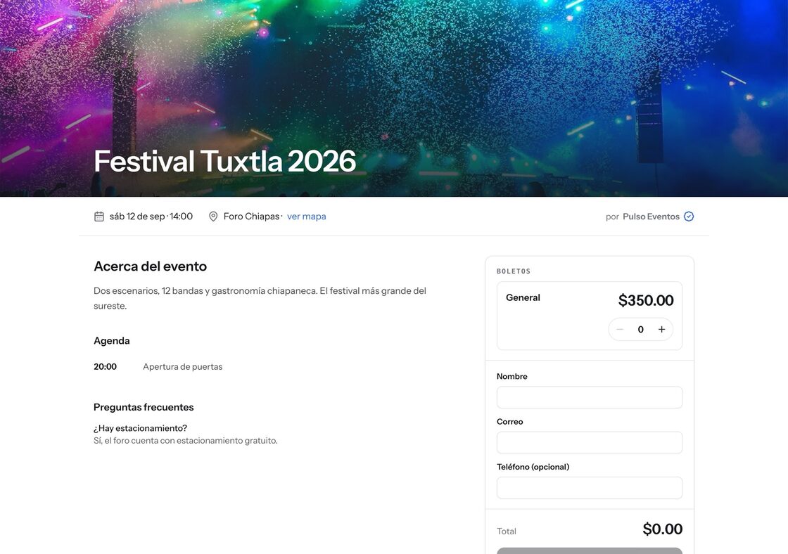 Página pública de un evento real: Festival Tuxtla 2026, con portada propia, precios y formulario de compra