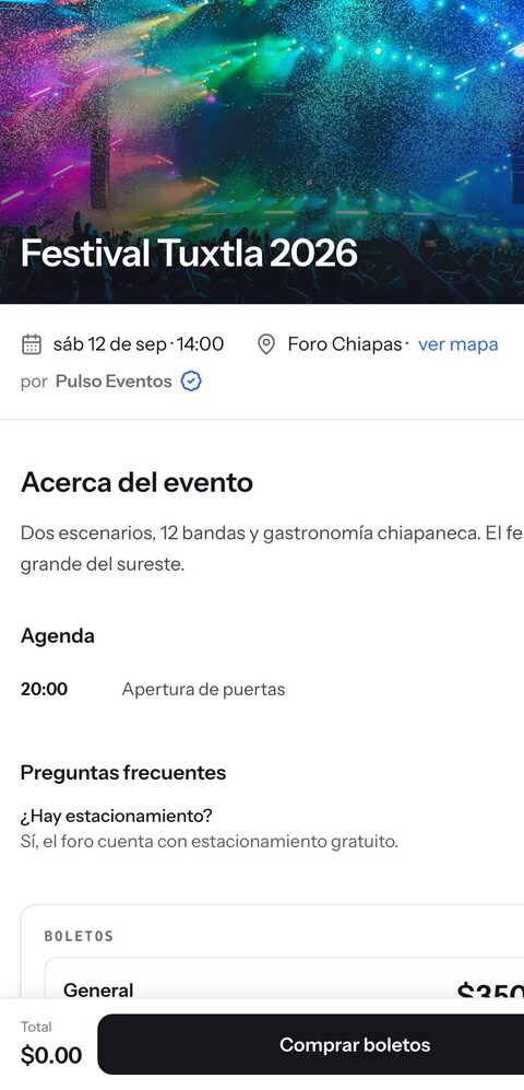 La misma página de evento vista desde un teléfono